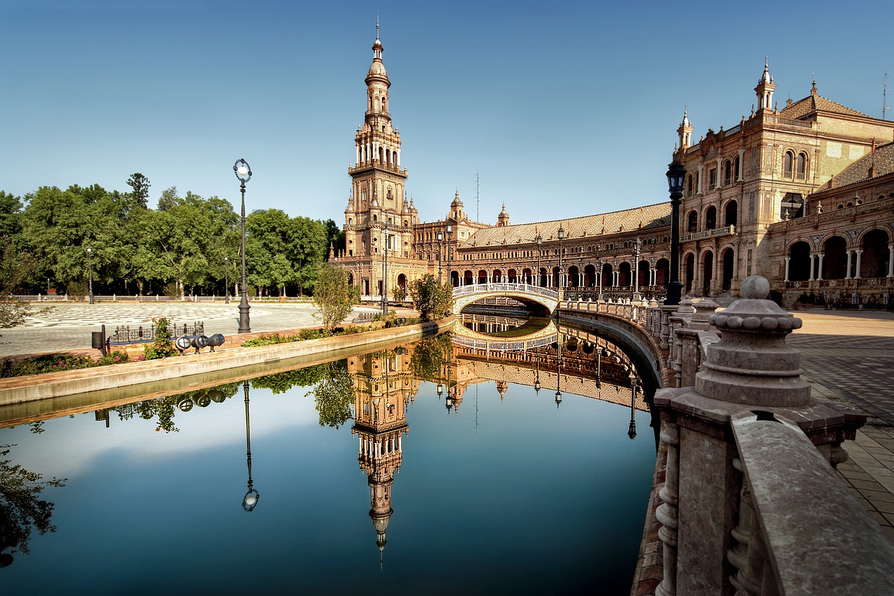 city, cityscape, architecture, building, travel, nikon, seville, spain, reflection, pond, palace, tower, seville, spain, spain, spain, spain, spain