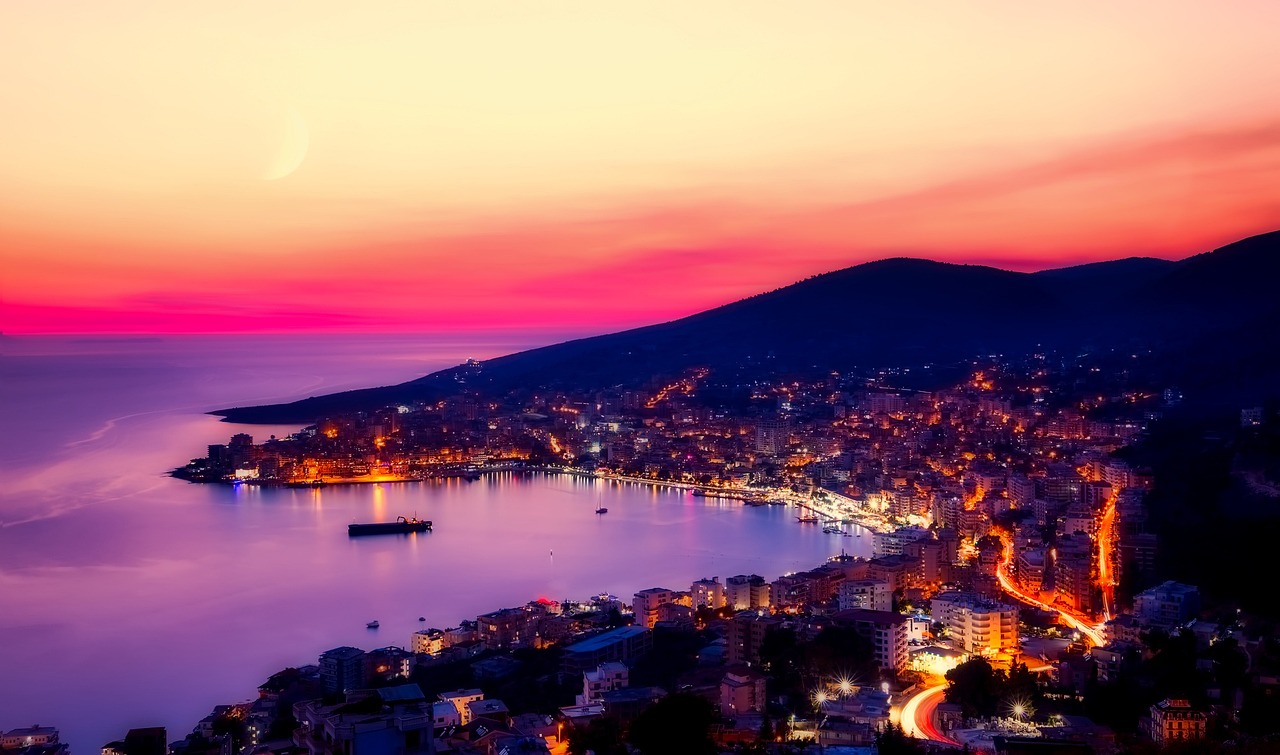 sarande, albania, panorama, city, urban, bay, harbor, sea, ocean, reflections, mountains, sunset, dusk, lights, glow, silhouettes, nature, outdoors, albania, albania, albania, albania, albania